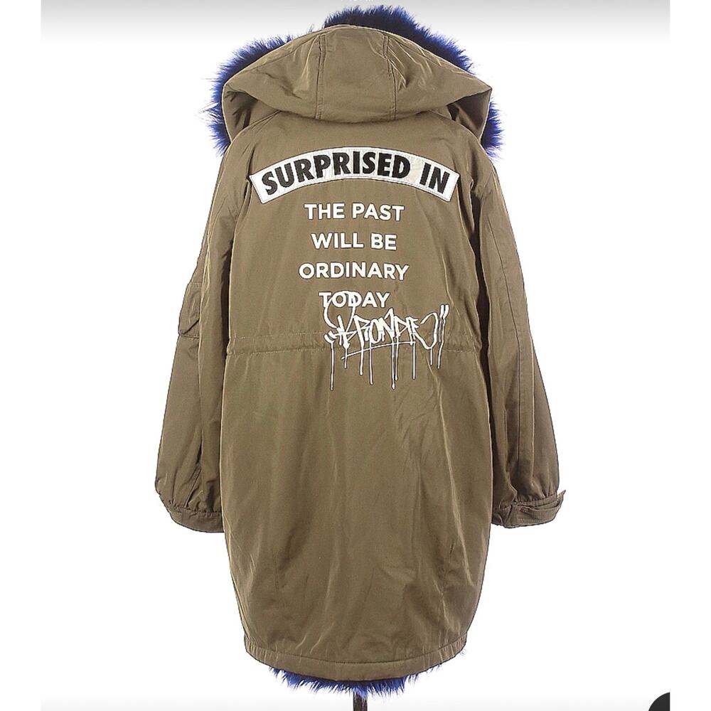 Moussy NoBorder Olive Green Blue Fur Trim Graphic Surprise Heavy Parka  1 S